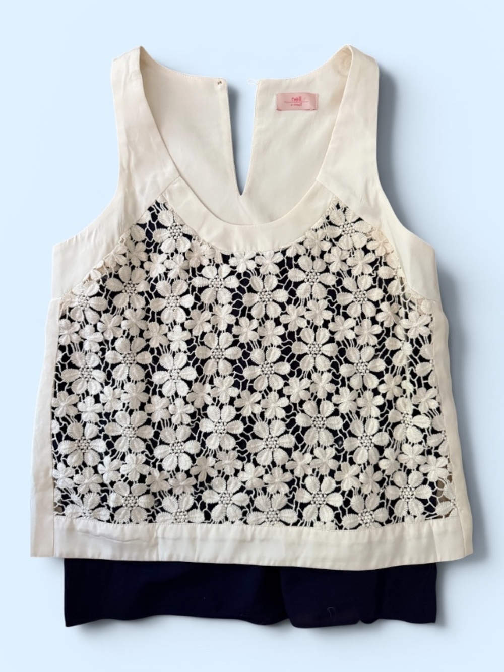 nell Cream Floral Crochet Lace Layered Sleeveless Top Blouse Navy Underlay XS